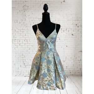 B. Darlin Fit & Flare, Brocade White, Blue, Green/Gold Dress, Size 3/4, EUC